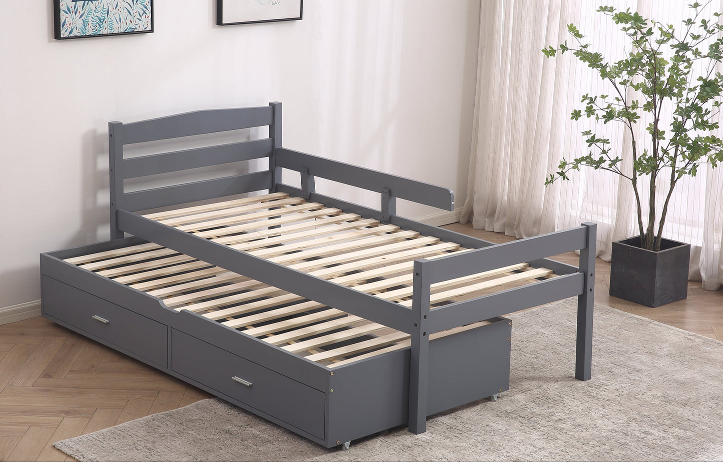 Captain Wooden Bed with Trundle, Storage Drawers and Safety Guard Rail