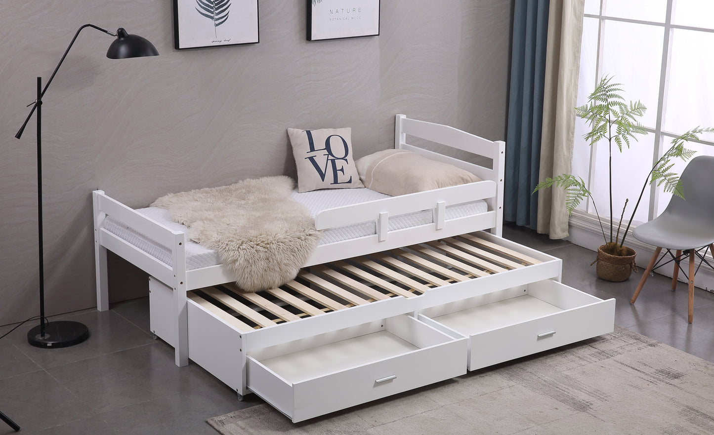 Captain Wooden Bed with Trundle, Storage Drawers and Safety Guard Rail