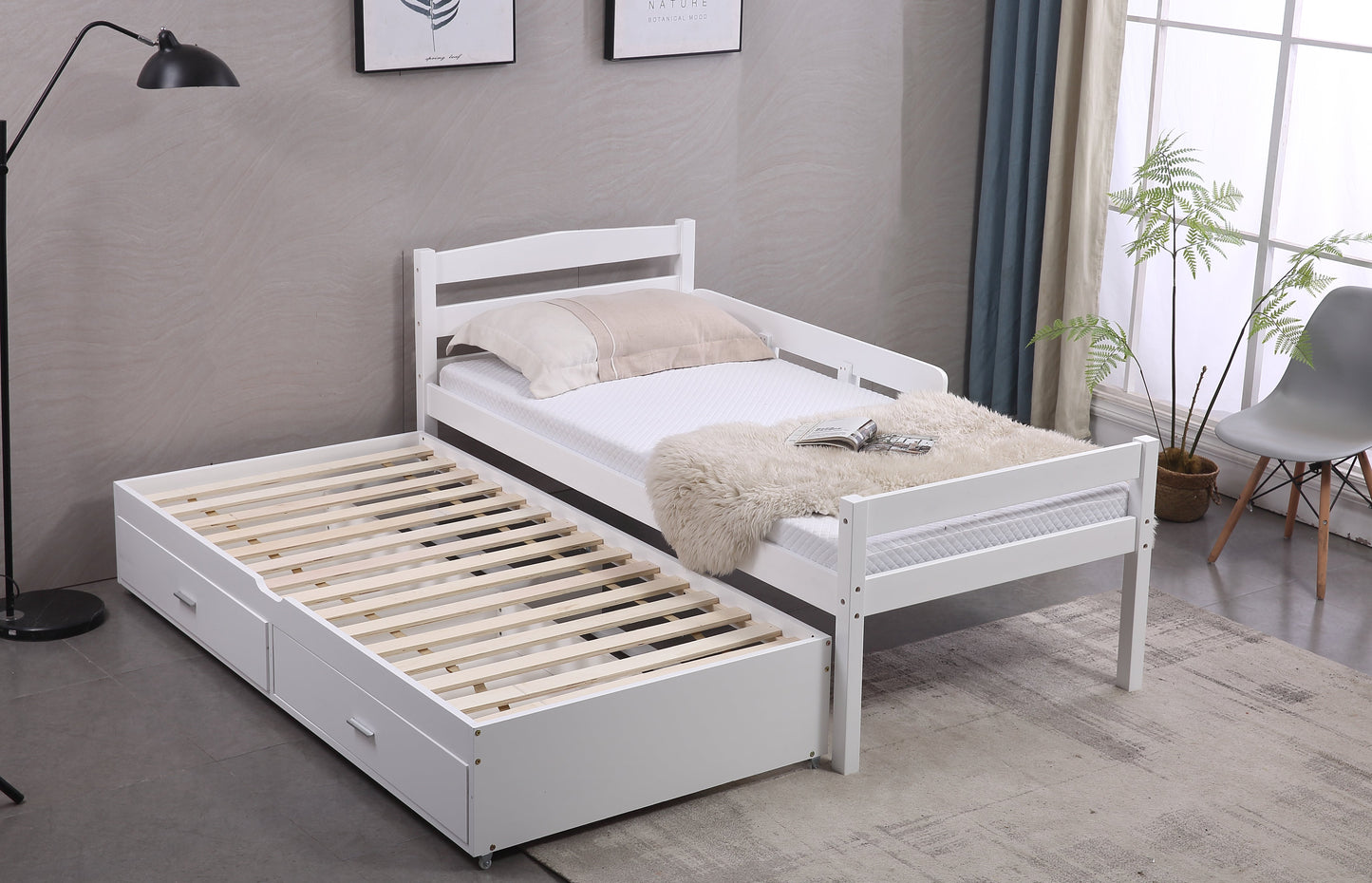 Captain Wooden Bed with Trundle, Storage Drawers and Safety Guard Rail