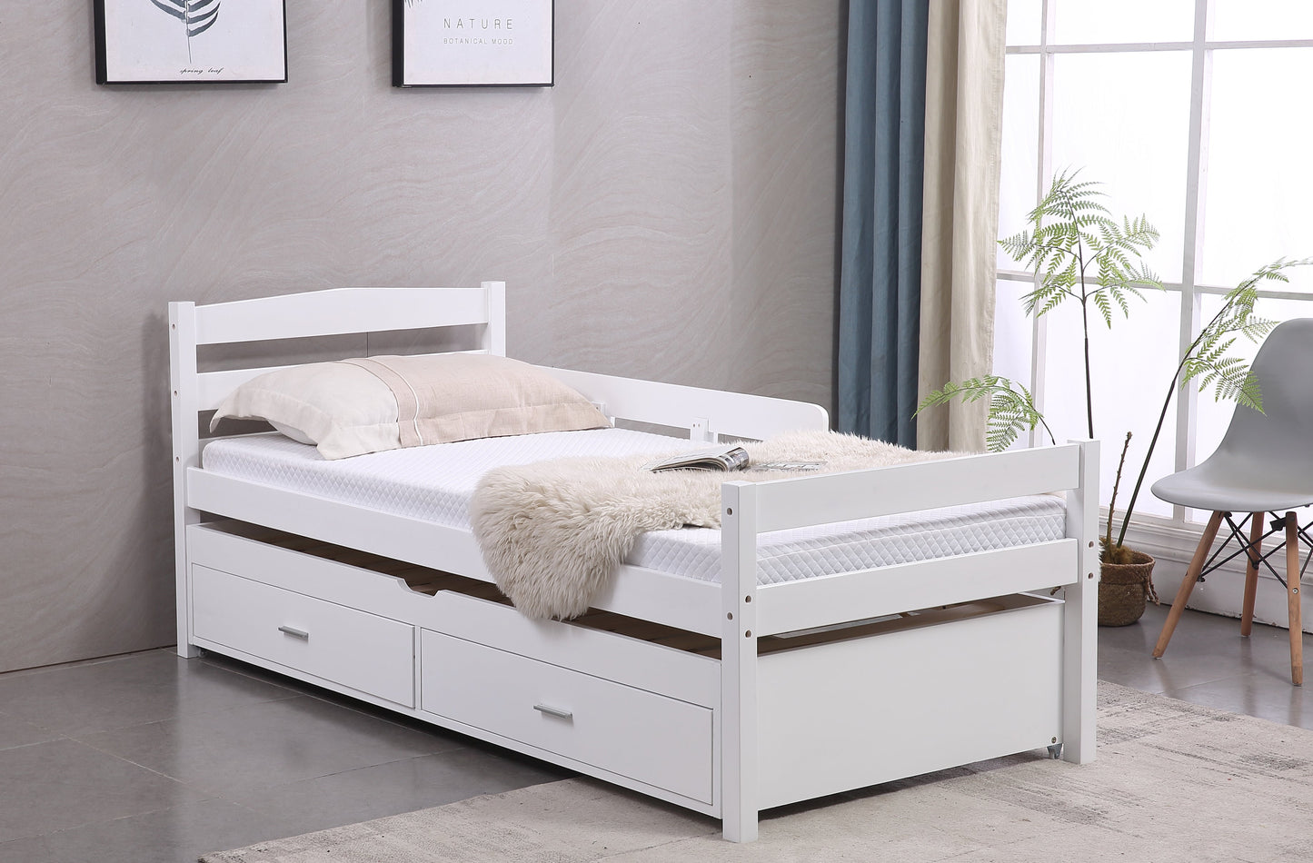 Captain Wooden Bed with Trundle, Storage Drawers and Safety Guard Rail