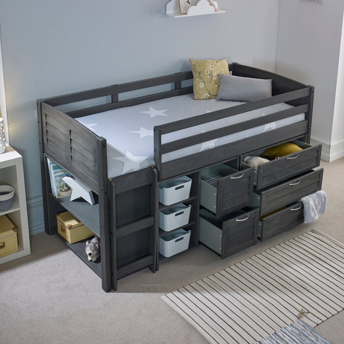 Cozy Grey Space-Saving Modern Mid Sleeper Bed - Single Size with Storage & Reversible Ladder