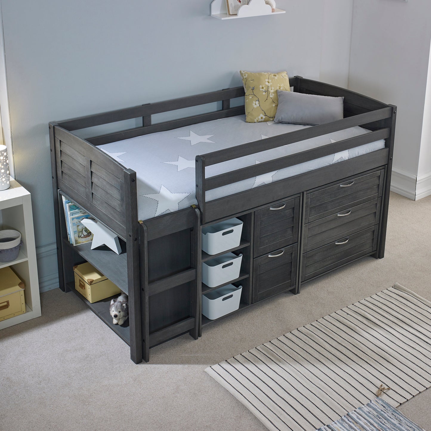 Cozy Grey Space-Saving Modern Mid Sleeper Bed - Single Size with Storage & Reversible Ladder