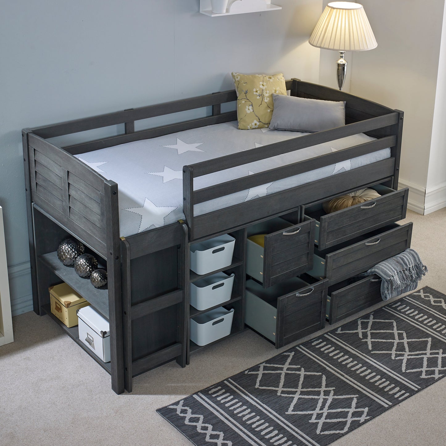 Cozy Grey Space-Saving Modern Mid Sleeper Bed - Single Size with Storage & Reversible Ladder