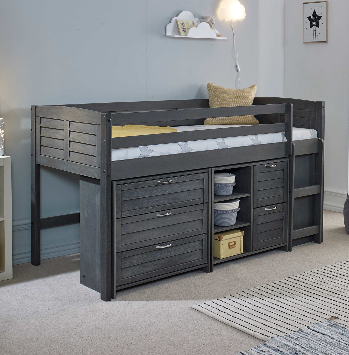 Cozy Grey Space-Saving Modern Mid Sleeper Bed - Single Size with Storage & Reversible Ladder