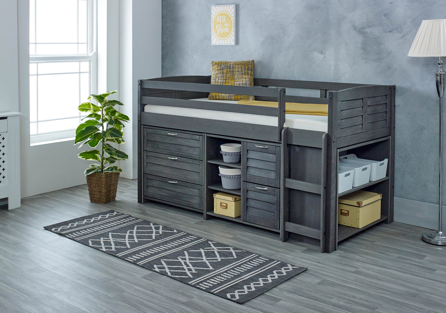 Cozy Grey Space-Saving Modern Mid Sleeper Bed - Single Size with Storage & Reversible Ladder