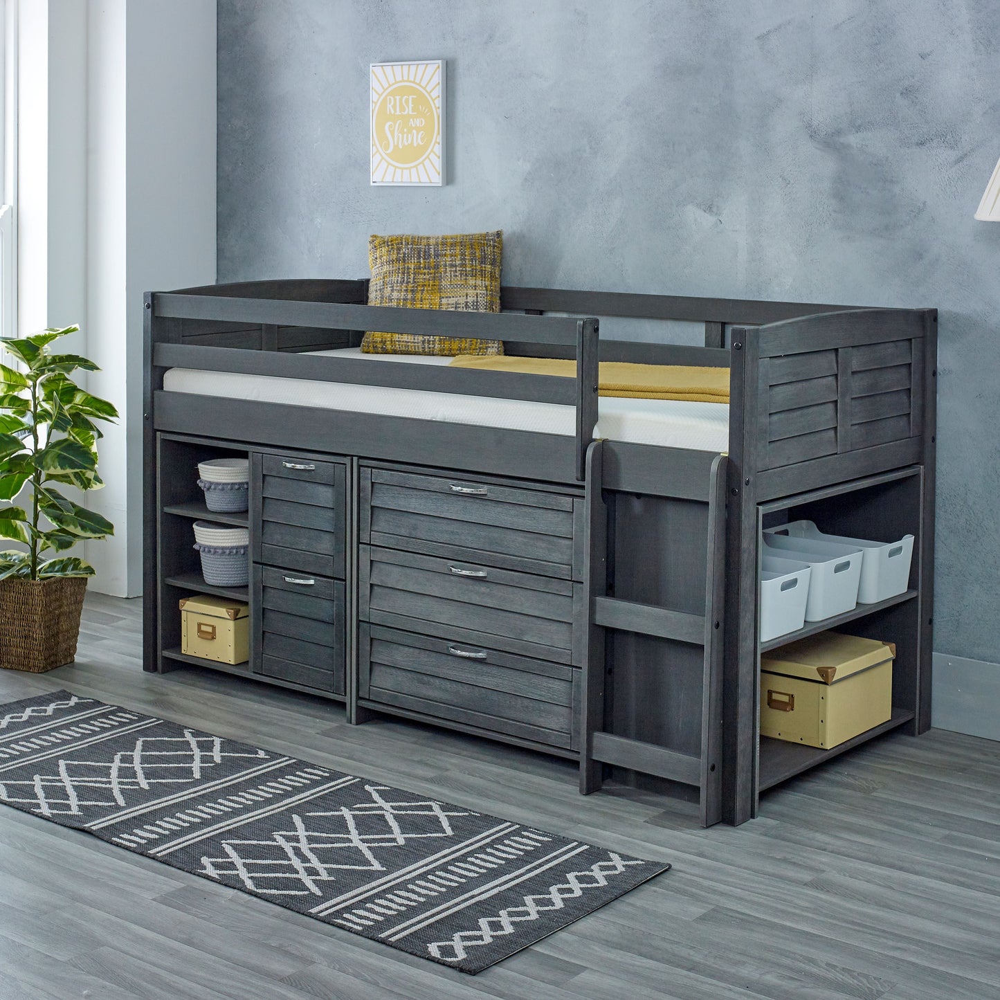 Cozy Grey Space-Saving Modern Mid Sleeper Bed - Single Size with Storage & Reversible Ladder
