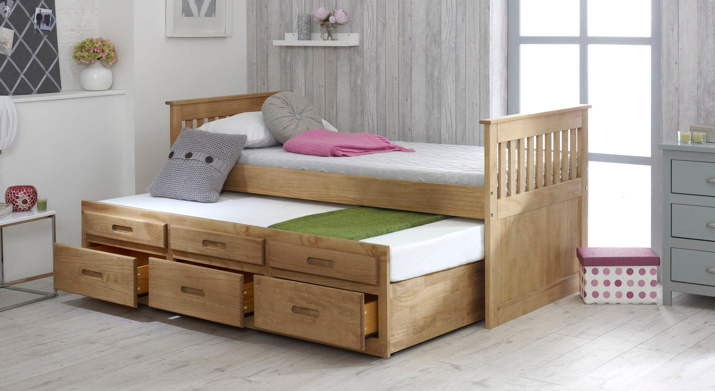 Captains Waxed Pine Wooden Guest Bed Frame - 3ft Single
