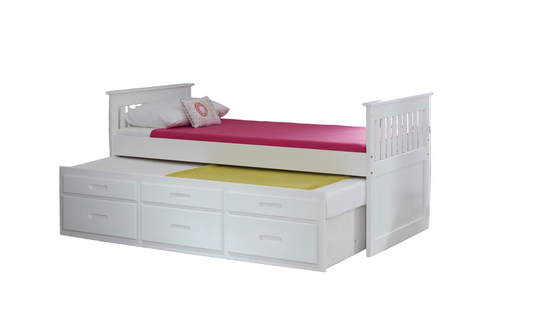 Captains Satin White Wooden Guest Bed Frame with Trundle & Storage – 3ft Single