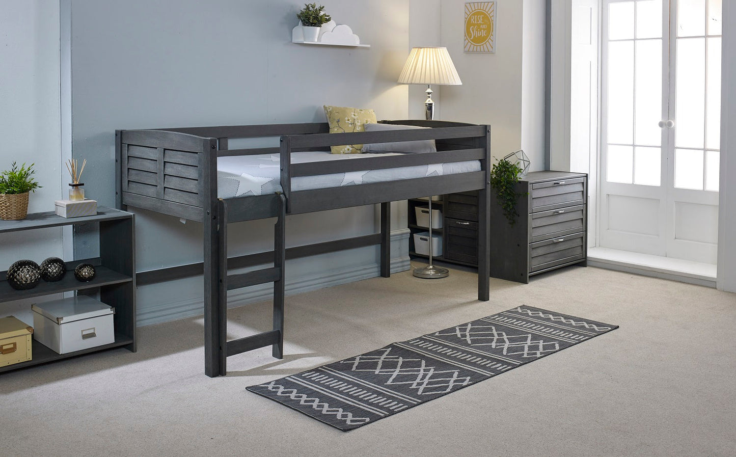 Cozy Grey Space-Saving Modern Mid Sleeper Bed - Single Size with Storage & Reversible Ladder