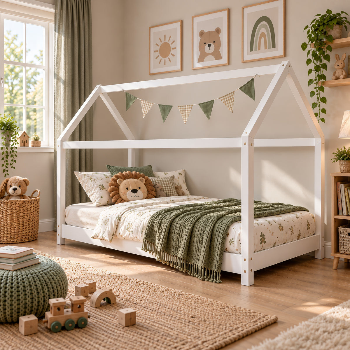 ELY Wooden Montessori House Bed for Kids, Solid Pine Children's House Frame Bed