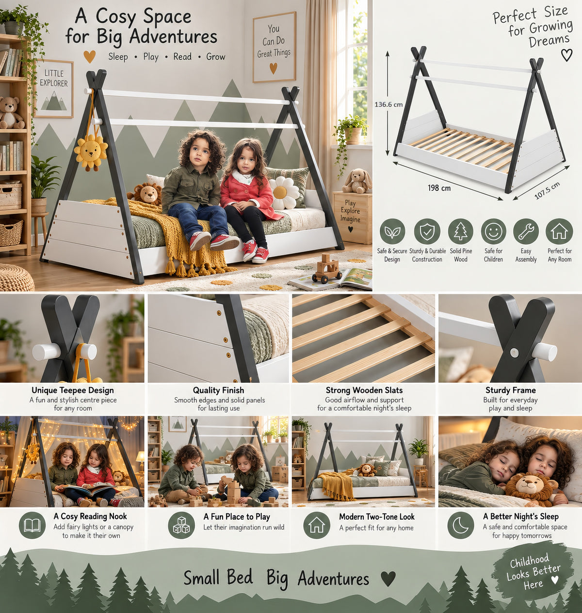 Exeter Grey & White Montessori Teepee Bed for Kids, Wooden House Style Single Bed Frame