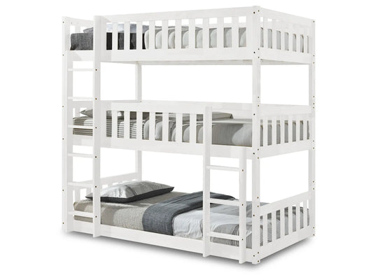 Lydia Triple Bunk Bed White Wooden High Sleeper Kids Bunk Bed, Solid Rubberwood