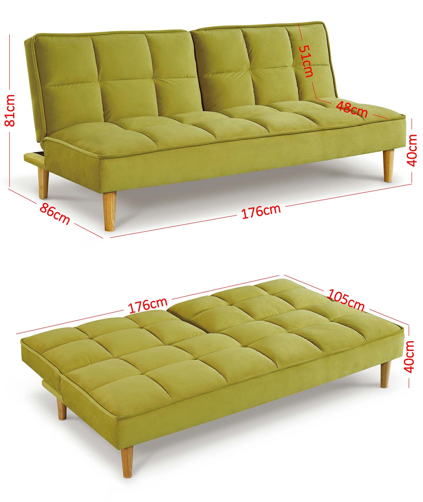 Manhattan Velvet Sofa Bed, 3 Seater Fold Down, Lime Yellow, Grey or Chocolate Brown
