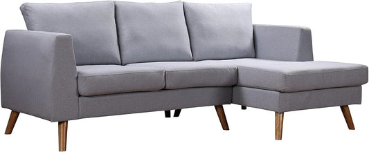 Ewan Grey L-Shaped 3-Seater Sofa with Right-Hand Chaise – Linen Fabric & Wooden Legs