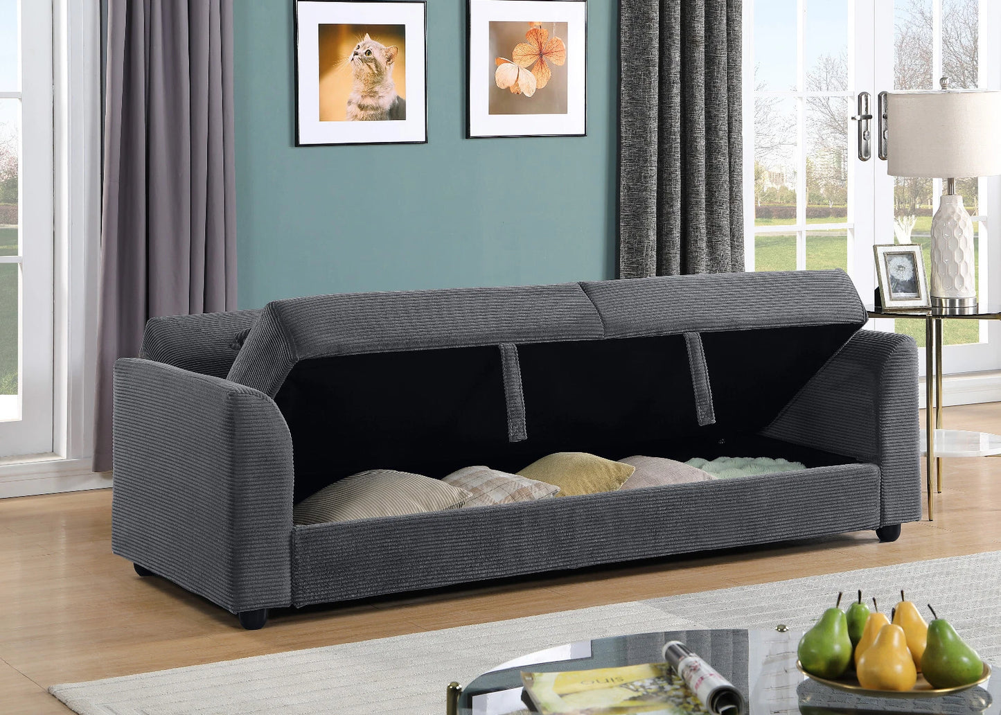 Verona 3-Seater Corduroy Sofa Bed with Storage – Grey/Blue Clic Clac Design
