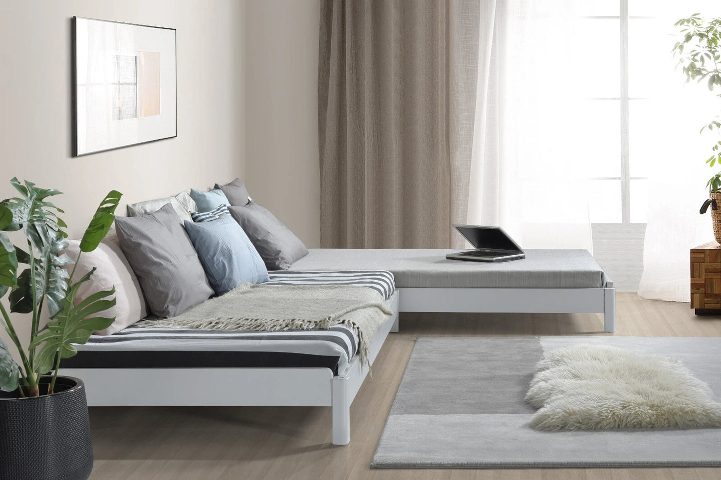 3-in-1 White Stacking Guest Bed -Converts to 2 Single Beds or Seat -Space Saving