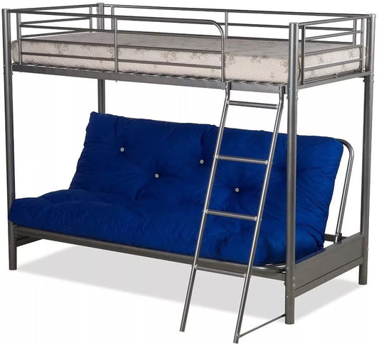 Filton Space-Saving Metal Futon Bunk Bed – 3FT Top & 4FT6 Futon – Sleek Silver