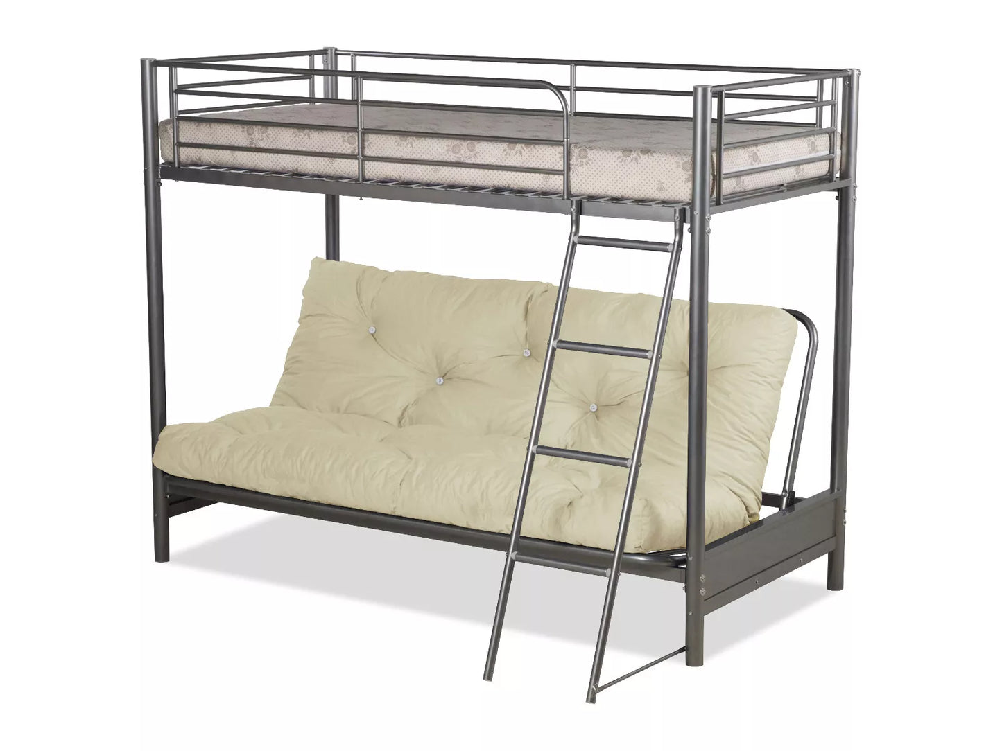 Space-Saving Metal Futon Bunk Bed - 3FT Top & 4FT6 Bottom - Sleek Silver