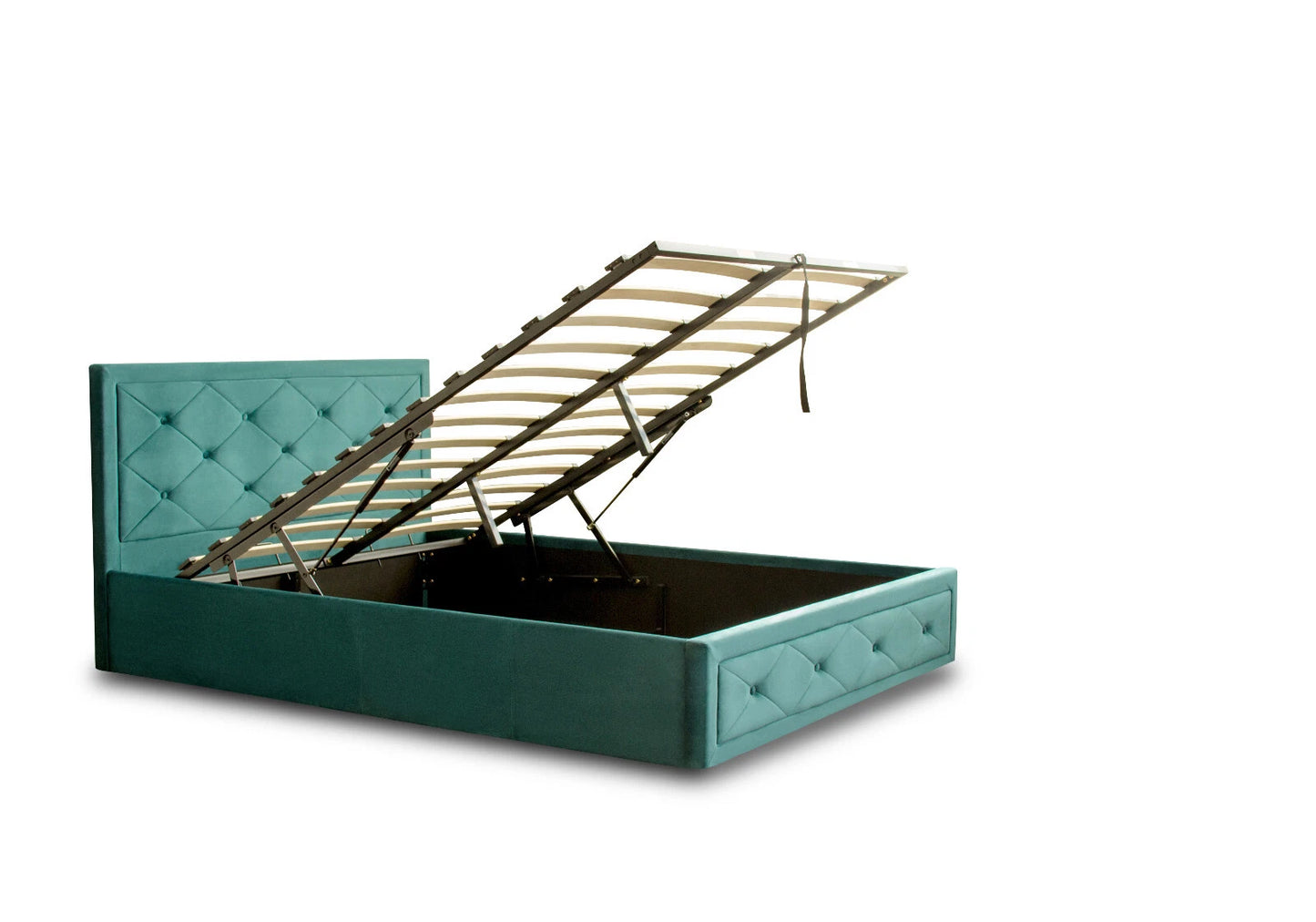 Frome Ottoman Gas Lift Bed -Velvet upholstered Grey/Jade -Storage & Sprung Slats