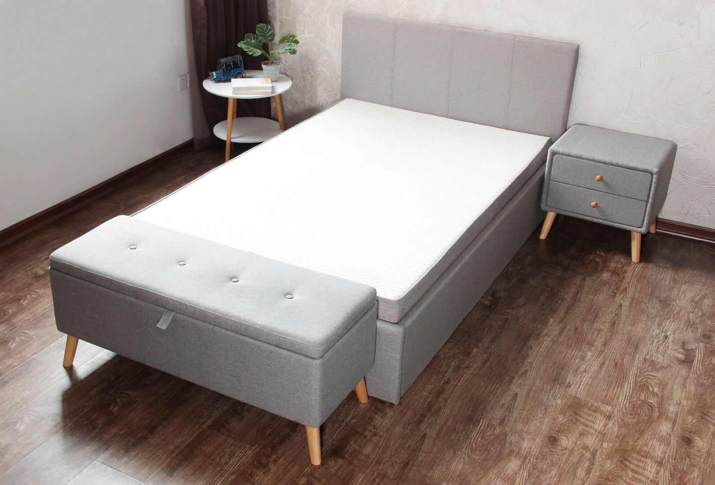 Grey Ottoman Storage Bench with Wooden Legs – Stylish Seating & Hidden Storage