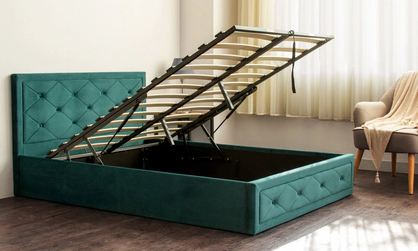 Frome Ottoman Gas Lift Bed -Velvet upholstered Grey/Jade -Storage & Sprung Slats