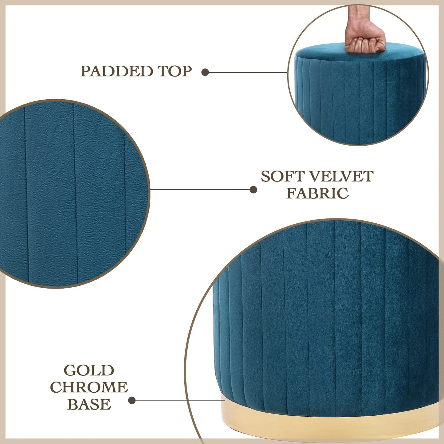 FAY Round Soft Velvet Stool, Cylindrical Footstool, Make Up Seat, Dressing Table