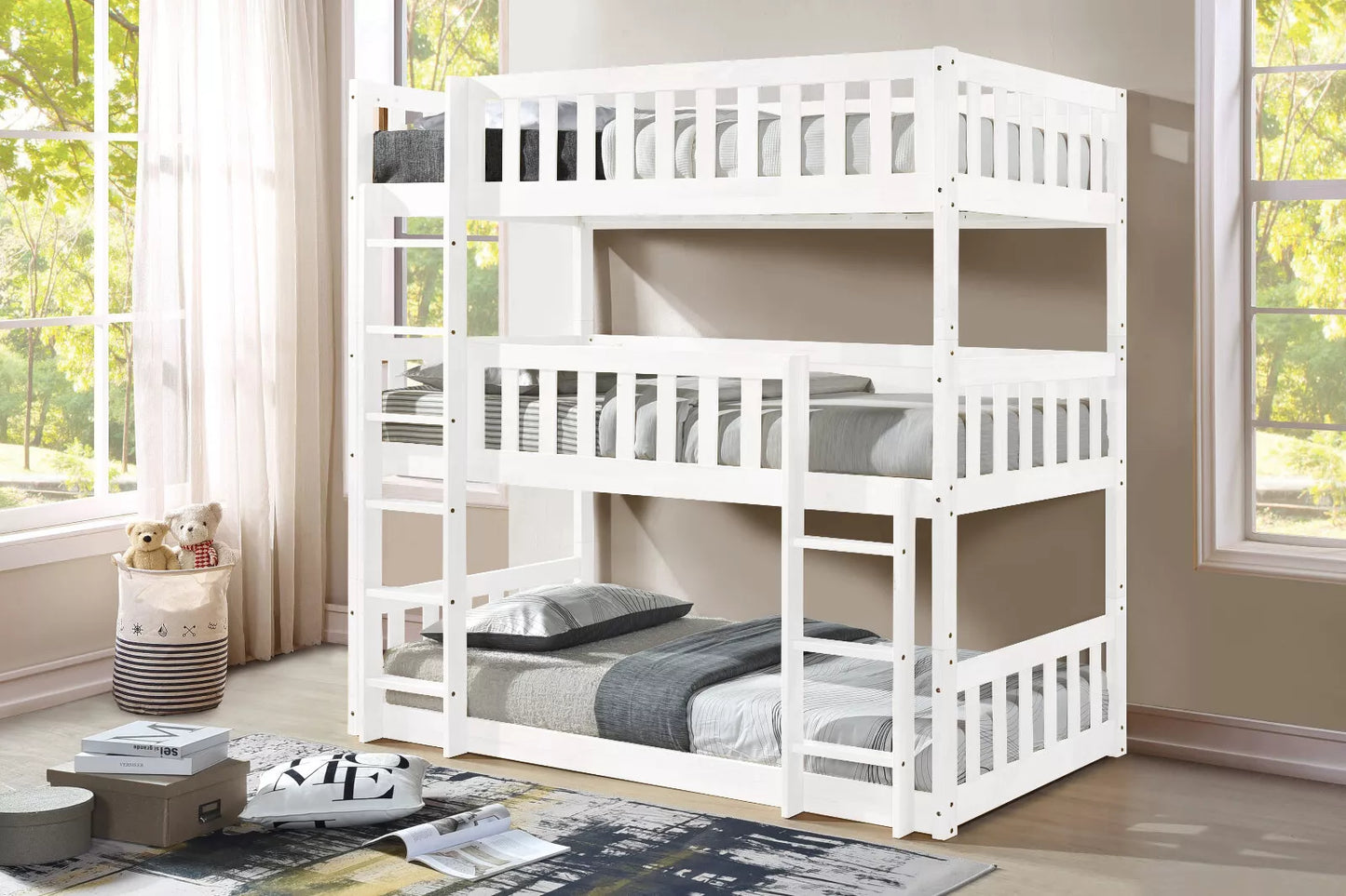 Lydia White Solid Rubberwood Triple Bunk Bed with Two Ladders and Safety Guardrails