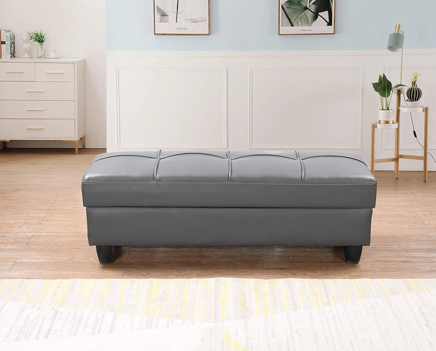 Zinc PU Leather Ottoman Storage Bench – Padded Seat with Flip Lid –Grey or Black