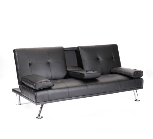 Faux Leather Folding Sofa Bed With Cup Holders Cinema Style