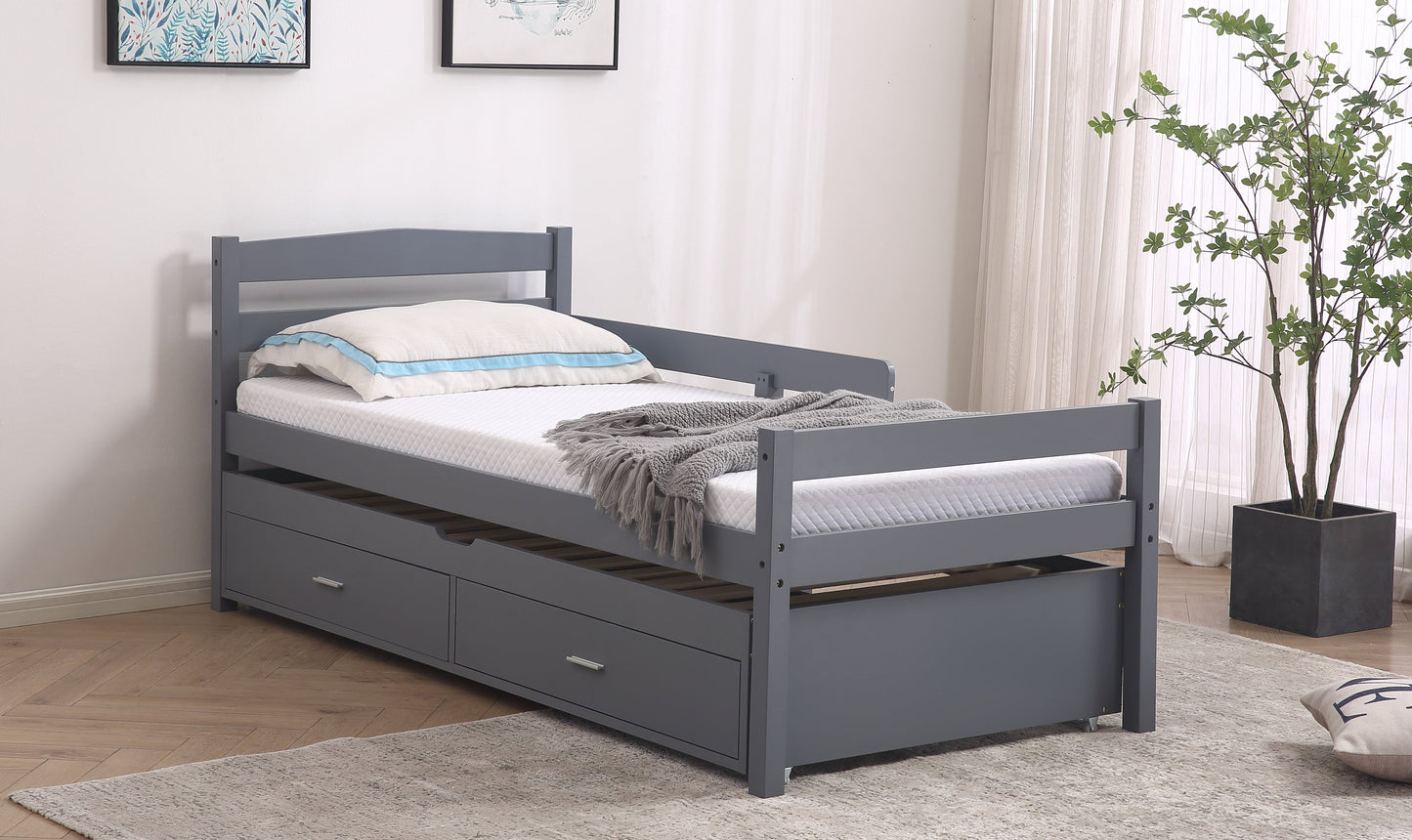 Captain Wooden Bed with Trundle, Storage Drawers and Safety Guard Rail