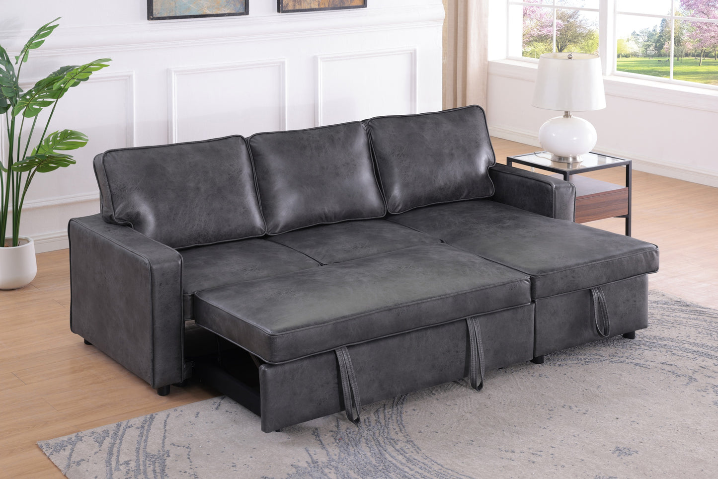 Moxy 3-Seater L-Shaped Sectional Sofa Bed with Pull-Out Sleeper & Reversible Storage Chaise – Premium Faux Leather Corner Couch for Small Spaces (Rich Brown & Charcoal Black)