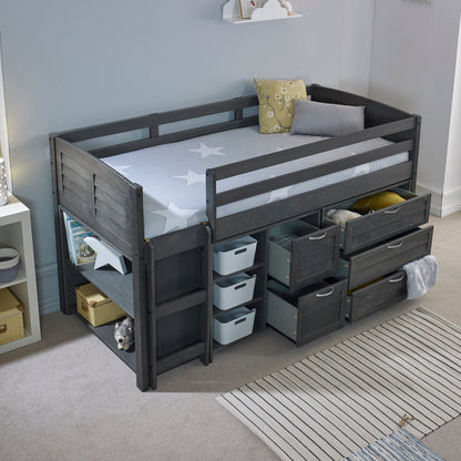 Cozy Grey Space-Saving Modern Mid Sleeper Bed - Single Size with Storage & Reversible Ladder