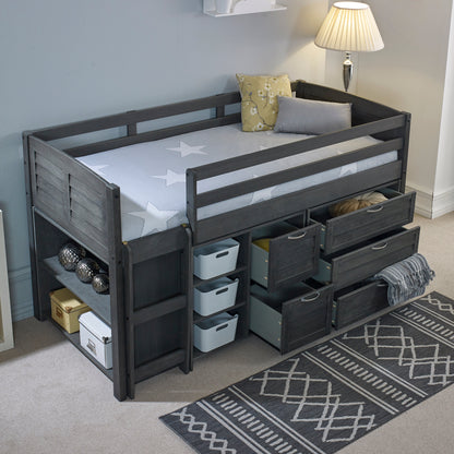 Cozy Grey Space-Saving Modern Mid Sleeper Bed - Single Size with Storage & Reversible Ladder