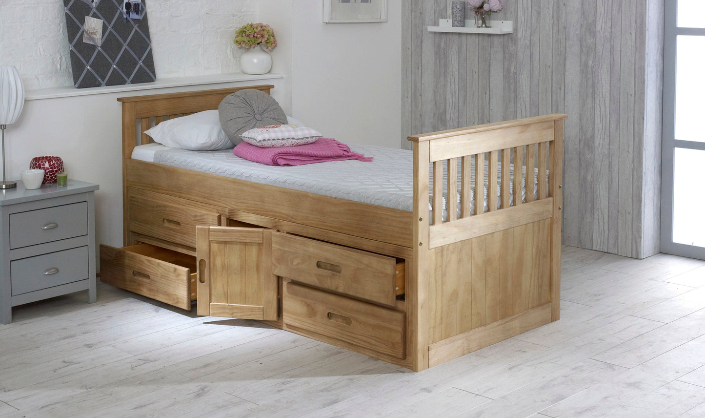 Captains Waxed Pine Wooden Storage Bed Frame - 3ft Single