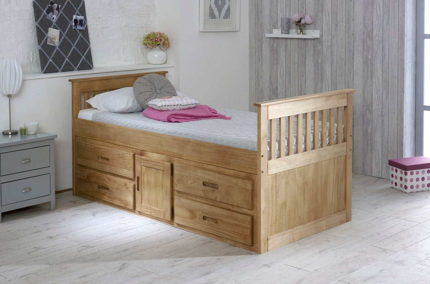 Captains Waxed Pine Wooden Storage Bed Frame - 3ft Single