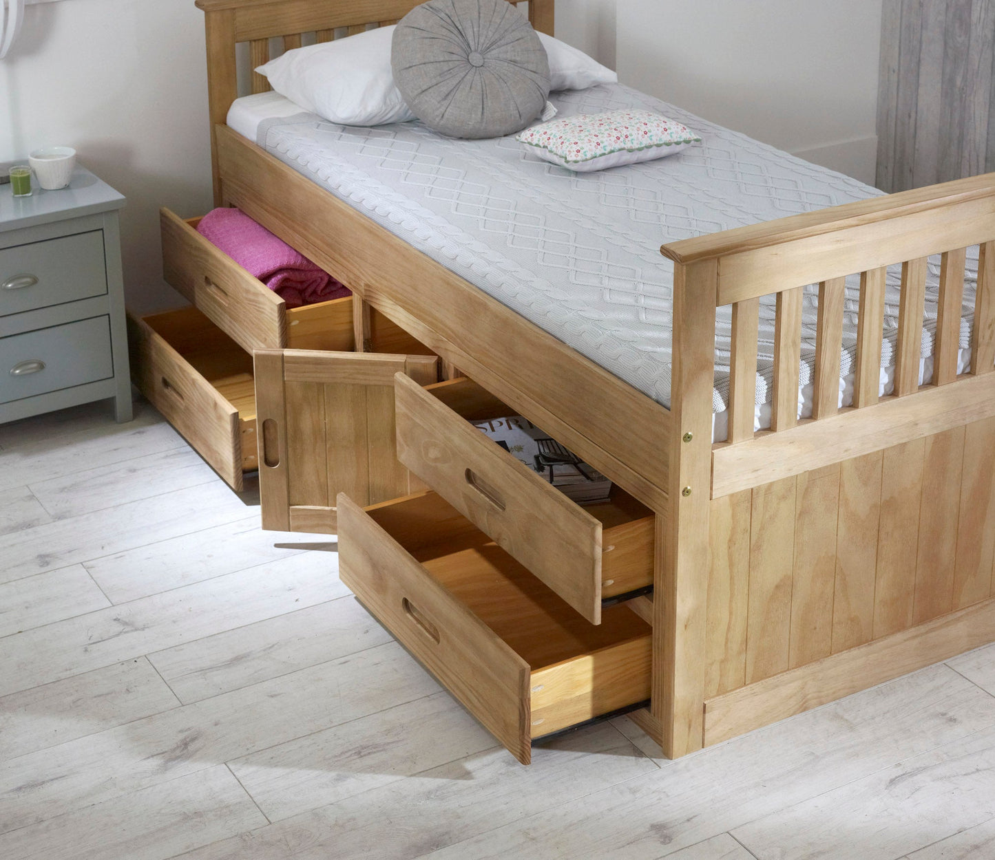 Captains Waxed Pine Wooden Storage Bed Frame - 3ft Single