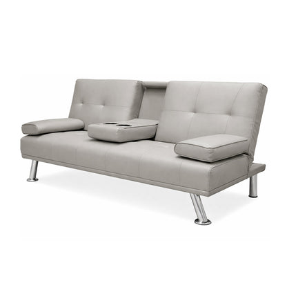 Cinemax Faux Leather Sofa Bed with Cup Holders, Click Clack Folding Settee, Black, Brown or Grey