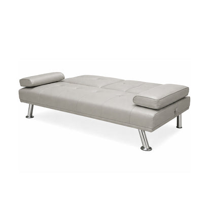 Cinemax Faux Leather Sofa Bed with Cup Holders, Click Clack Folding Settee, Black, Brown or Grey