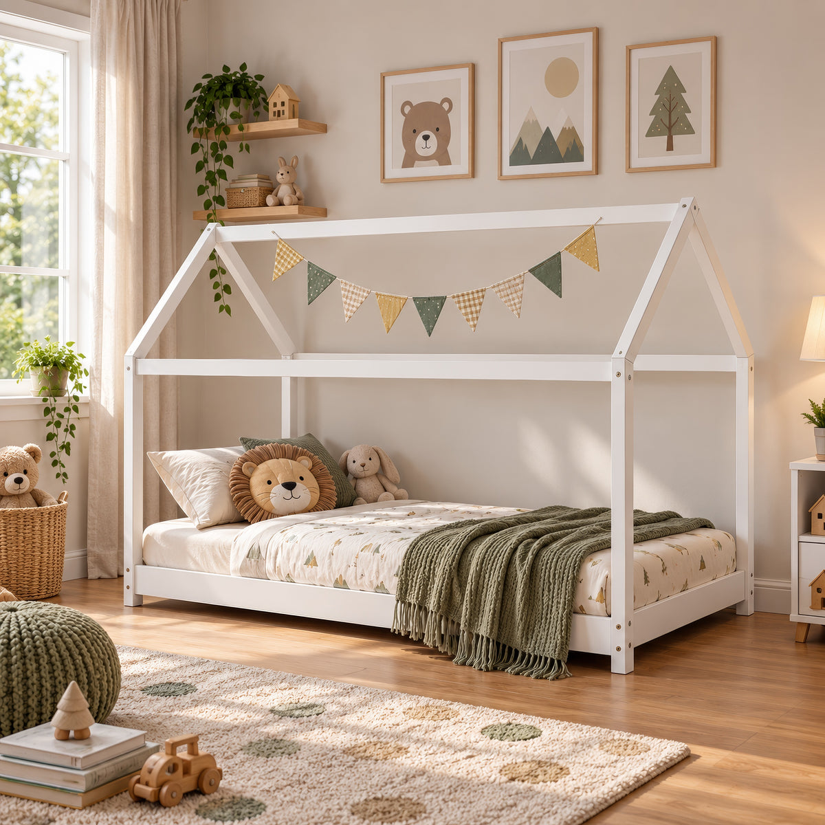 ELY Wooden Montessori House Bed for Kids, Solid Pine Children's House Frame Bed