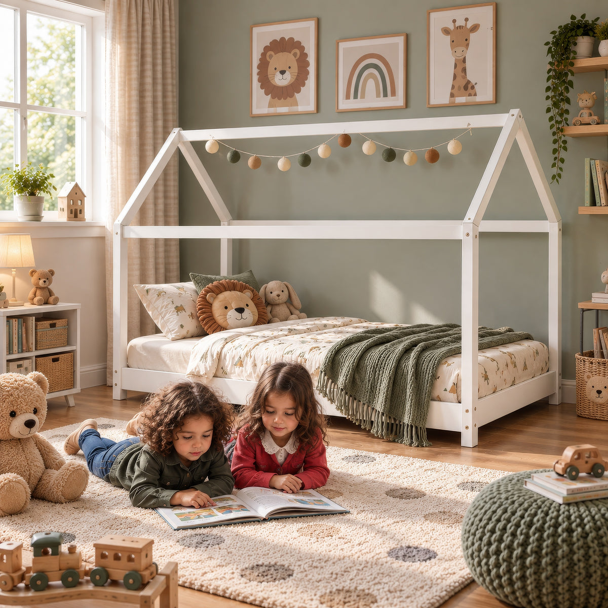 ELY Wooden Montessori House Bed for Kids, Solid Pine Children's House Frame Bed