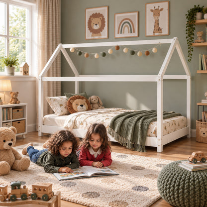 ELY Wooden Montessori House Bed for Kids, Solid Pine Children's House Frame Bed