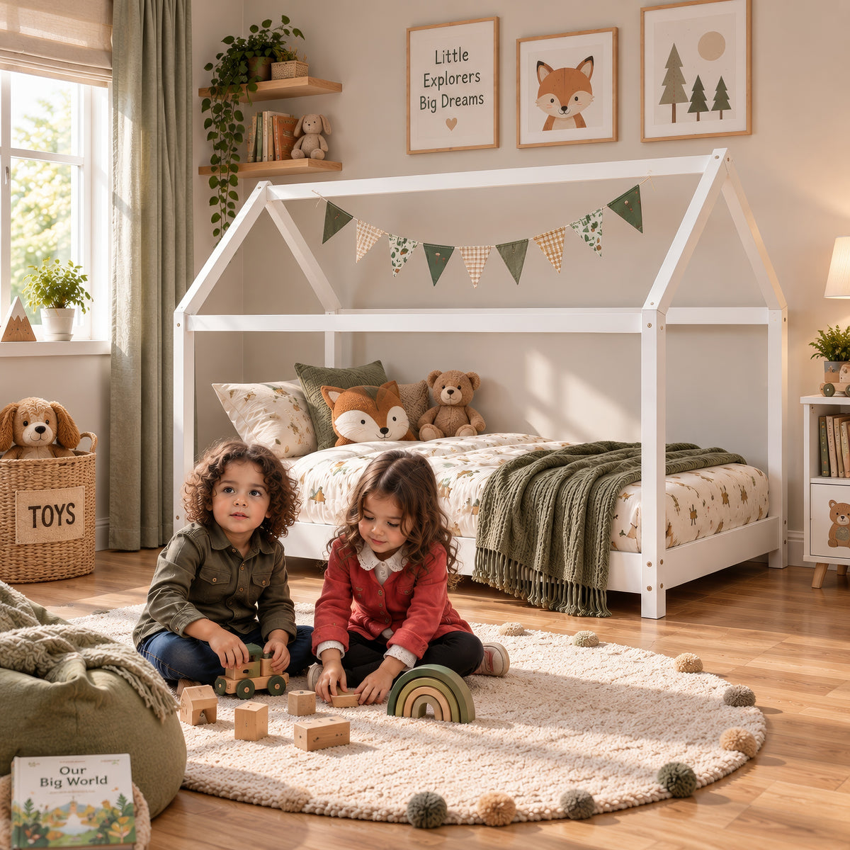 ELY Wooden Montessori House Bed for Kids, Solid Pine Children's House Frame Bed