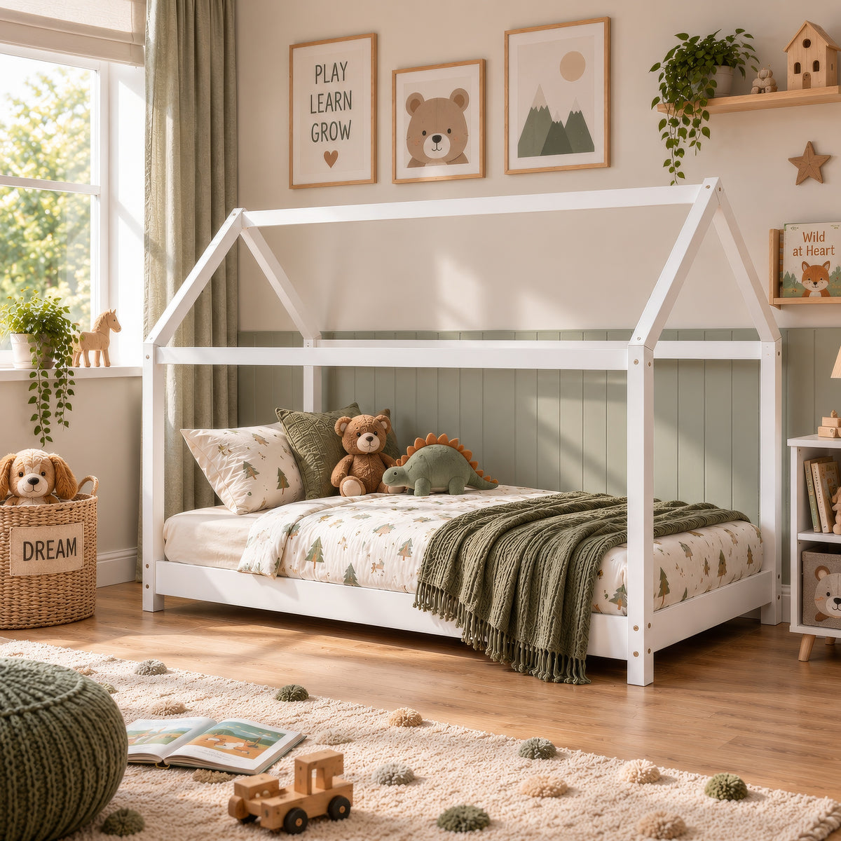 ELY Wooden Montessori House Bed for Kids, Solid Pine Children's House Frame Bed
