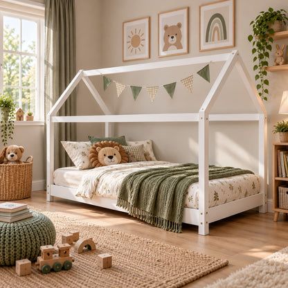 ELY Wooden Montessori House Bed for Kids, Solid Pine Children's House Frame Bed