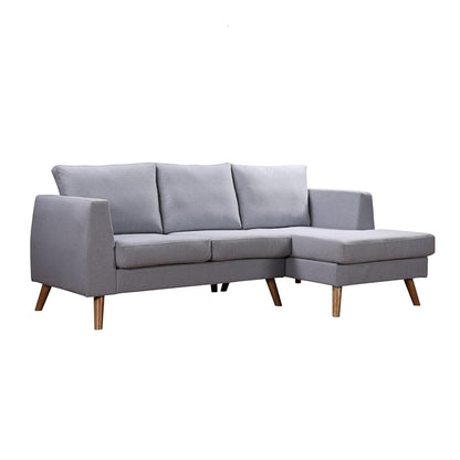 Ewan Grey L-Shaped 3-Seater Sofa with Right-Hand Chaise – Linen Fabric & Wooden Legs