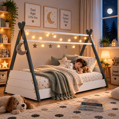 Exeter Grey & White Montessori Teepee Bed for Kids, Wooden House Style Single Bed Frame