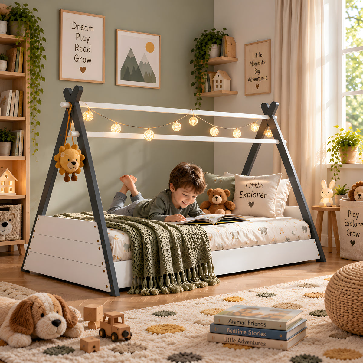 Exeter Grey & White Montessori Teepee Bed for Kids, Wooden House Style Single Bed Frame