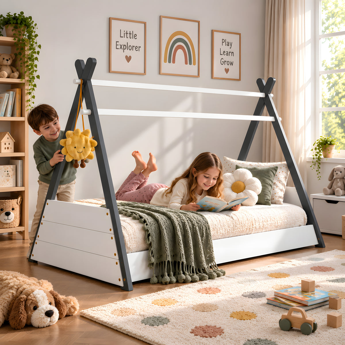 Exeter Grey & White Montessori Teepee Bed for Kids, Wooden House Style Single Bed Frame