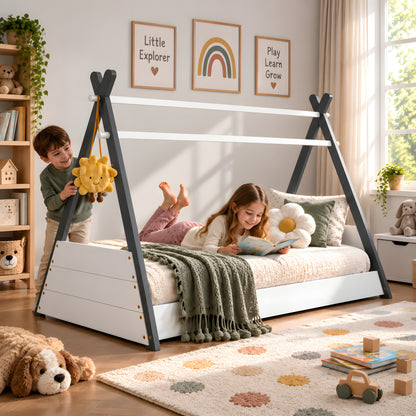 Exeter Grey & White Montessori Teepee Bed for Kids, Wooden House Style Single Bed Frame