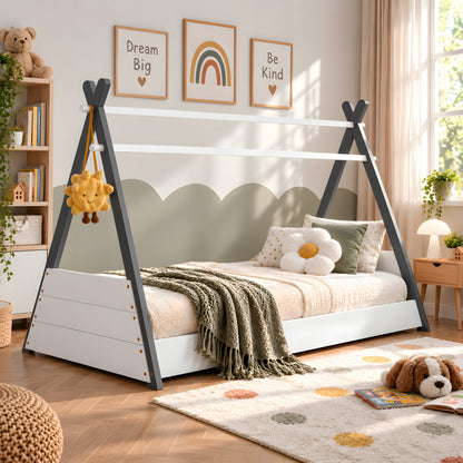 Exeter Grey & White Montessori Teepee Bed for Kids, Wooden House Style Single Bed Frame
